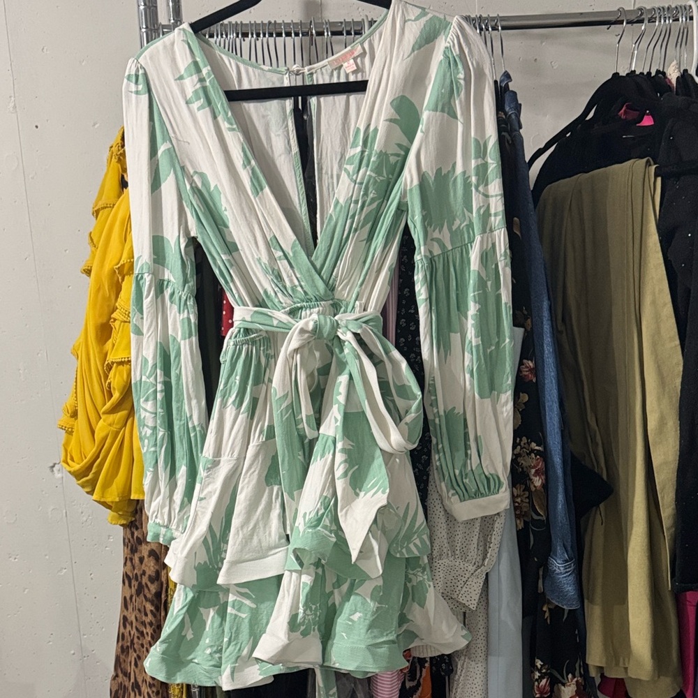 Luxxel White and Mint Green Floral Mini Dress